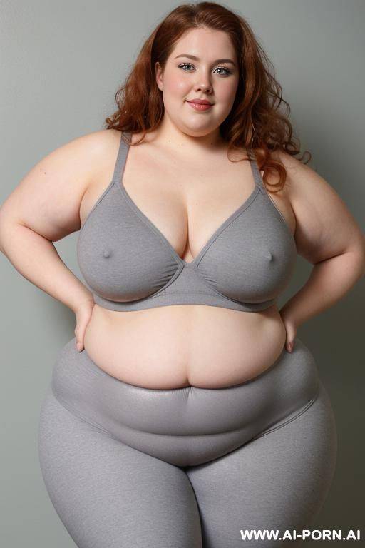 chubby woman, half body shot close up, standing, triangular hips, thick thighs, (very obese with lovehandless and tummy), wearing gray leggings. (dynamic angle, dynamic pose). ((small boobs)). - #main