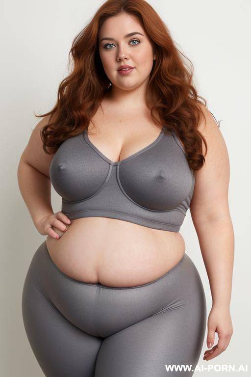 chubby woman, half body shot close up, standing, triangular hips, thick thighs, (very obese with lovehandless and tummy), wearing gray leggings. (dynamic angle, dynamic pose). boobs. - #main