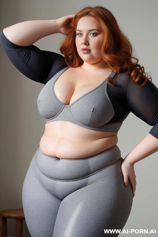 chubby woman, half body shot close up, standing, triangular hips, thick thighs, (very obese with lovehandless and tummy), wearing gray leggings. (dynamic angle, dynamic pose). small boobs. - #main