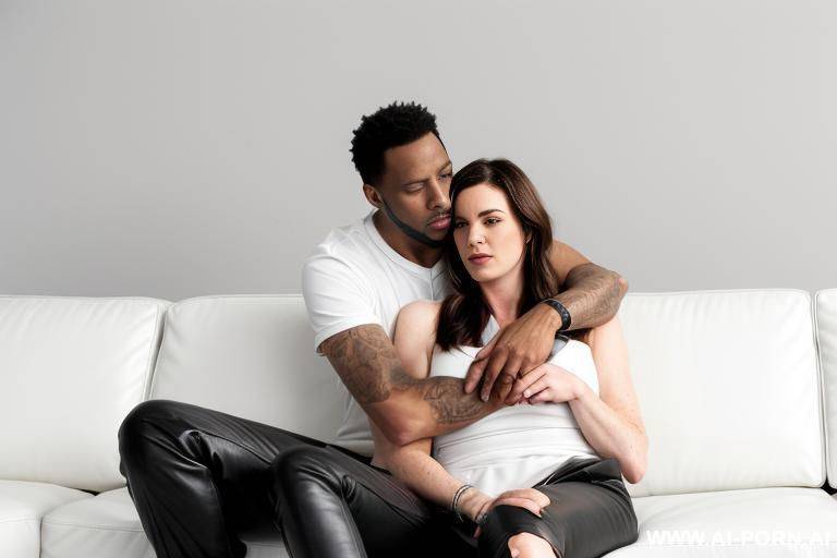 (((man and woman))), ((couple)), a ((black man)) and a ((((white woman)))) are hugging in the couch - #main