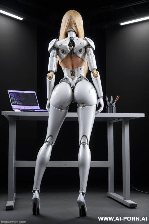 sexbot, back view, full body view, standing upright, sticking out the ass, hands on spaceship control desk, looking at viewer, beautiful seductive human face with tanned silicone skin, long - #main
