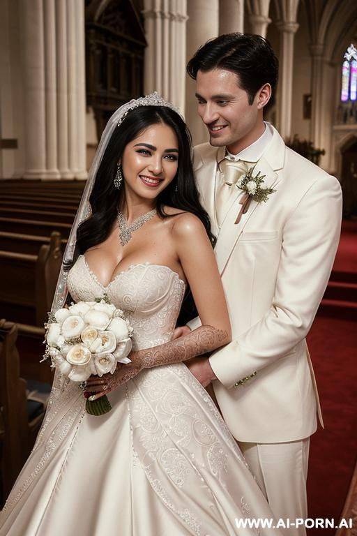 ((((ultra realistic quality)))) (((couple portrait))) (((a bride named reg4ina with one hand on her waist and the other on the shoulder of her groom named do4uglas.))) (((she has extremely black - #main