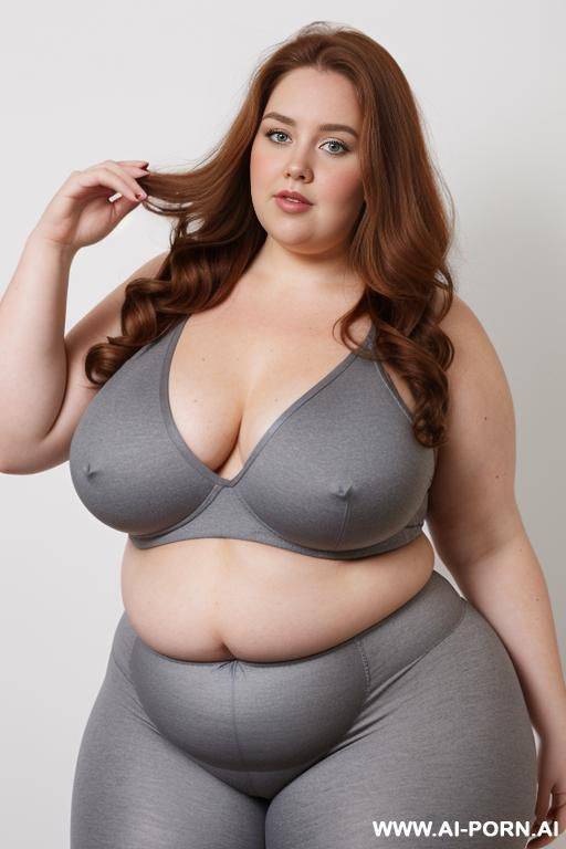 chubby woman, half body shot close up, standing, triangular hips, thick thighs, (very obese with lovehandless and tummy), wearing gray leggings. (dynamic angle, dynamic pose) - #main