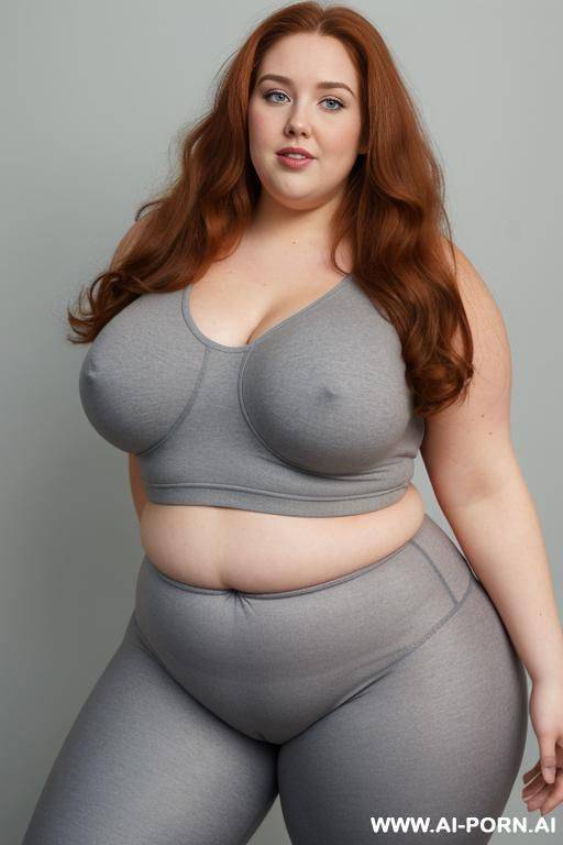 chubby woman, half body shot close up, standing, triangular hips, thick thighs, (very obese with lovehandless and tummy), wearing gray leggings. (dynamic angle, dynamic pose). boobs. - #main