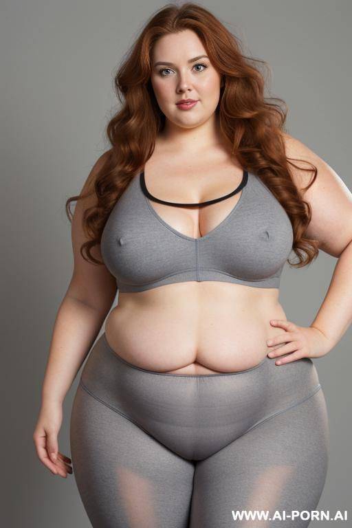 chubby woman, half body shot close up, standing, triangular hips, thick thighs, (very obese with lovehandless and tummy), hands on hips, wearing gray leggings. dynamic angle, dynamic pose - #main