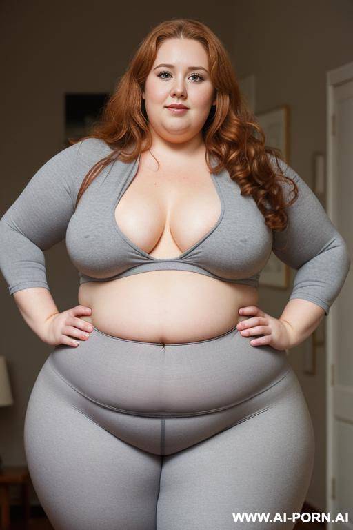 chubby woman, half body shot close up, standing, triangular hips, thick thighs, (very obese with lovehandless and tummy), hands on hips, wearing gray leggings. - #main