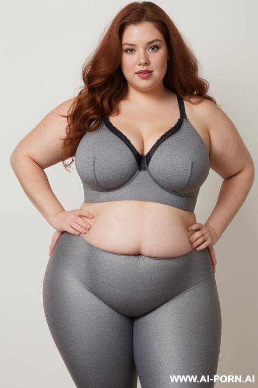 chubby woman, half body, standing, triangular hips, thick thighs, obese with lovehandless and tummy, hands on hips, wearing gray leggings and bra - #main