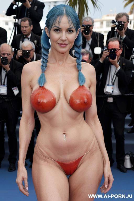 ultrarealistic oiled tight sexy naked gilf, perfect slender body, very oversized saggy boobs, pretty face, totally naked, walking, thick thighs, frontal view, camera view from the ground, zoom on her navel from low angle - #main