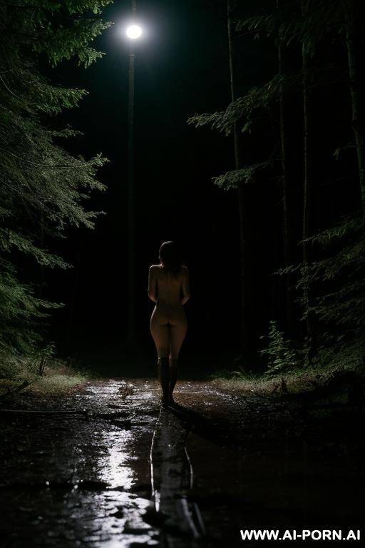 fully nude woman, walking in the woods, head lamp, night, wet, muddy, fog, moonlight - #main