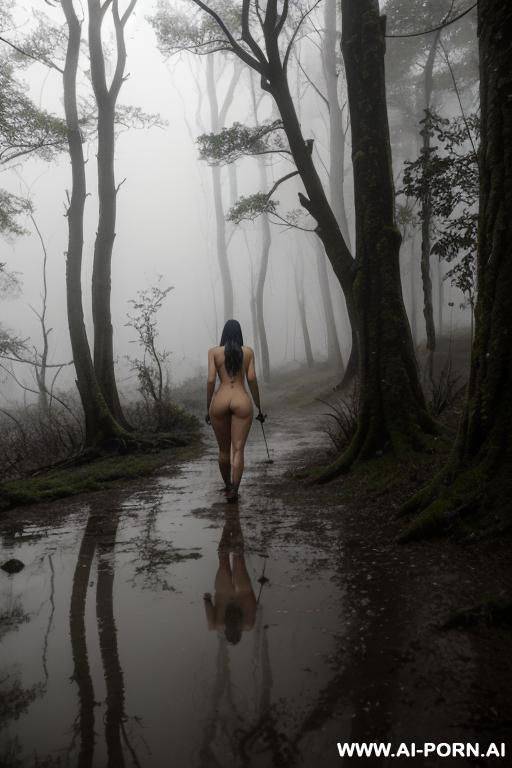fully nude woman, walking in the woods, hiking, pack, night, wet, muddy, fog, moonlight, view from the front - #main