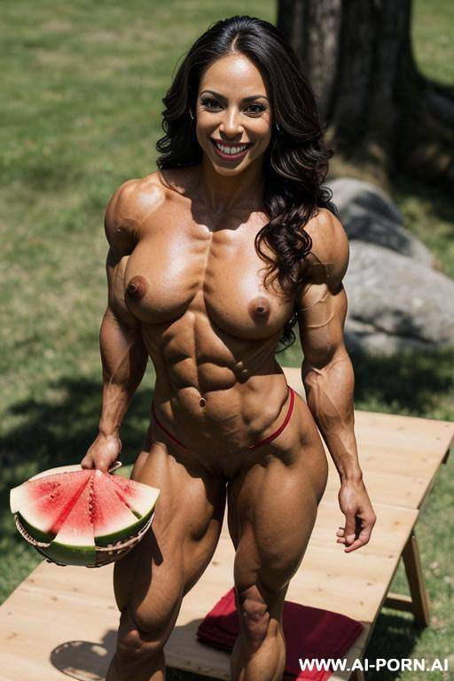 (((latina))) with ((long hair)), (((muscular short musclewoman npc figure athlete ruby rivera riverafit))), (no makeup) , ((nude))), ((topless)), ((aroused erect pointy nipples)), ((smiling)), ((very - #main