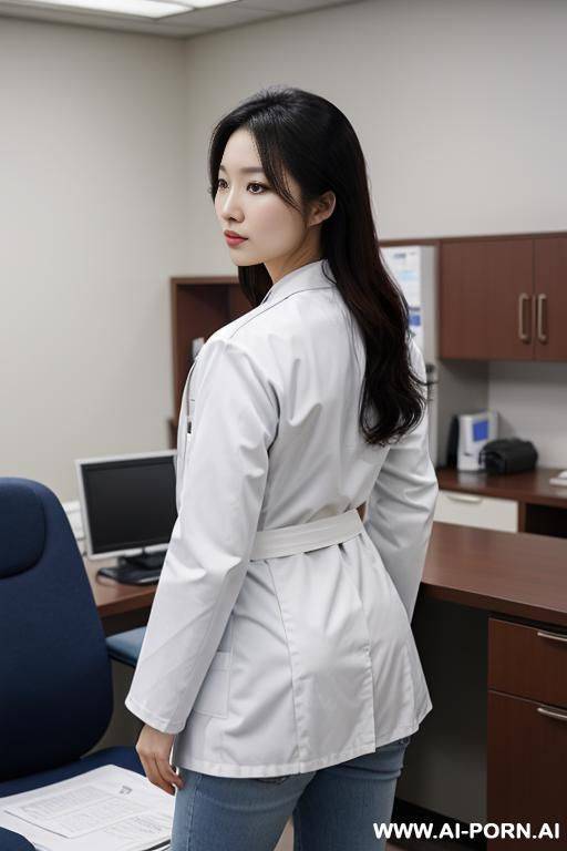 a korean female doctor wearing a white lab coat that ends at the waist and jeans, fully bent ford at the waist over a desk in a medical office, with her back facing the camera. - #main