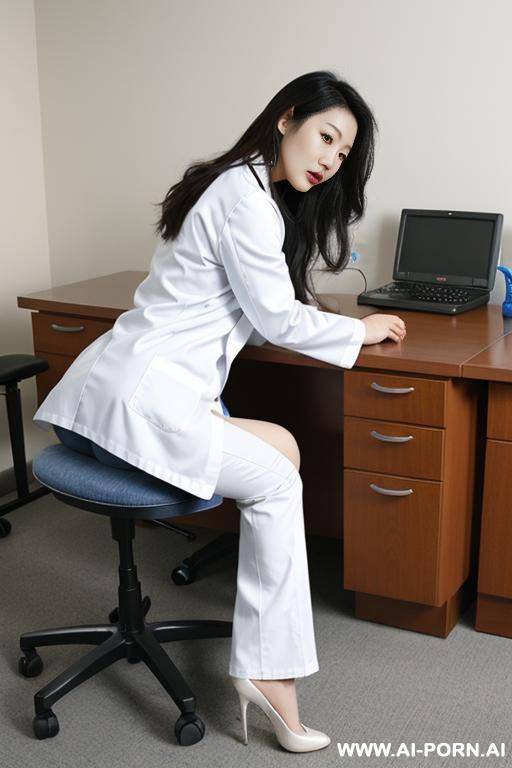 a korean female doctor wearing a short white lab coat and jeans, bent ford over a desk. - #main