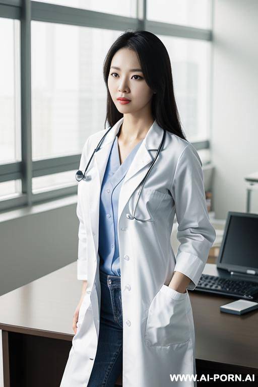 a korean female doctor wearing a short white lab coat and jeans, standing and leaning halfway ford over a desk, with her hands resting on the desk for support. - #main