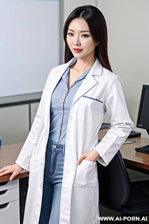 a chinese female doctor wearing a short white lab coat and jeans, leaning ford over a desk. - #main