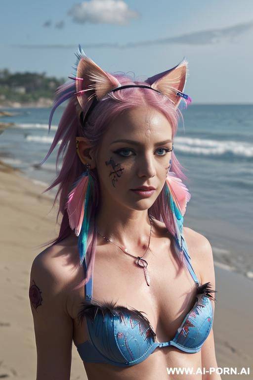 face, ((sexy)), beautiful, ((face painting)), ((bikini as seashell)), ((tattoo roses)), ((eyes shw)), ((angel wings)), ((rainbow hair)), ((one rose in hair) ((long bu hair)), ((wind)), (( cat face)), - #main