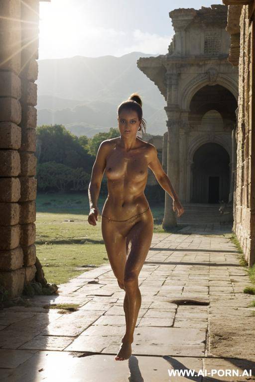 adventurer, ponytail, totally naked, barefoot, scared, run, sweat, sunlight, ruins, blurred background - #main