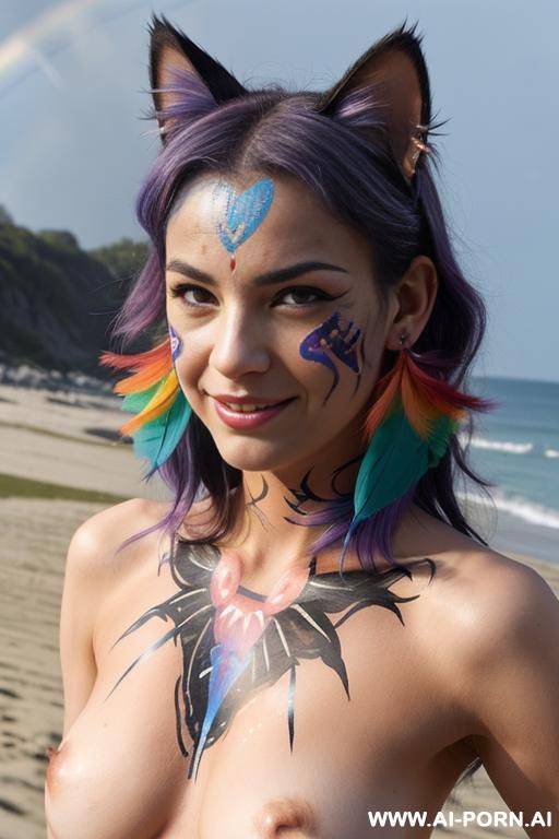 face, ((sexy)), beautiful smile, ((face painting)), ((eyes shw)), ((rainbow hair)), ((wind)), (( cat face)), (( cat ears)), ((feather earrings)), neckless, full view, standing, sensual, ((topless)) - #main