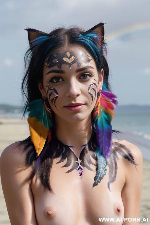 face, ((sexy)), beautiful, ((face painting)), ((eyes shw)), ((rainbow hair)), ((wind)), (( cat face)), (( cat ears)), (((feather earrings)), neckless, full view, wide angle view, sensual, ((topless)) - #main
