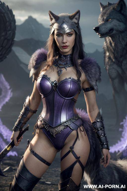 ((((fantasy, monster, fenrir, wolfs, goddess of fantasy creatures, surrounded by monsters)))), ultra realistic hot busty woman brunette, ((holding sword)), (strong dark eyelines), ultra detailed, best - #main