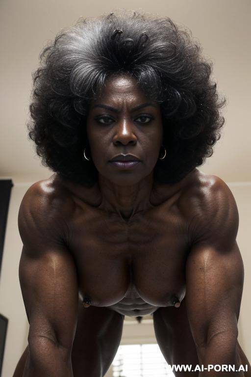 (((keep face))), tall woman, black ethnicity, (((mature grandmom))), aged cougar, bodybuilder, grey full fluffy hair in afro-look, (((very dark black skin))), massive boobs and huge muscles, hard - #main