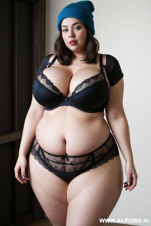 hipster, massive tits, huge hips, chubby, fat, boobs falling out, shorter hair, too of bra, beanie, thick thighs - #main