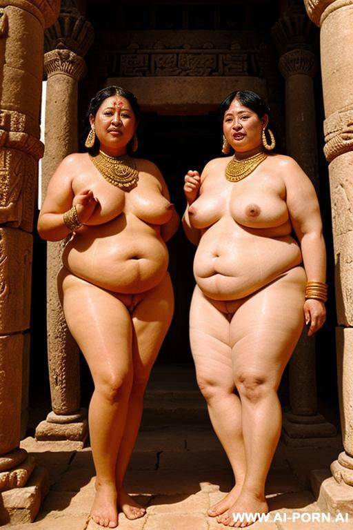 two ancient full naked chubby female lesbian servants of the god sumukan in a colourful temple in ancient sumer - #main