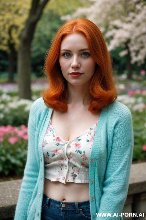 cutie babe face, turquoise cardigan and floral top, retro vintage style, 170s, 180s. - #main