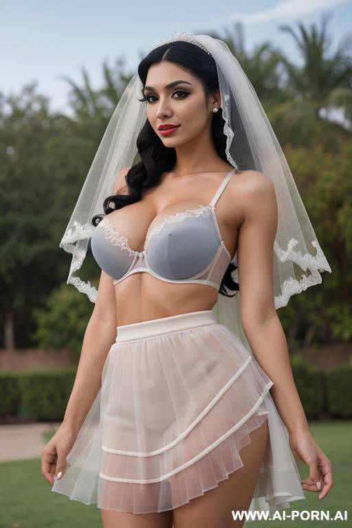 latina, bra, short skirt, skirt short in length, seductive expression, outdoor venue, bride, veil, pretty, large (((silicone))) tits - #main