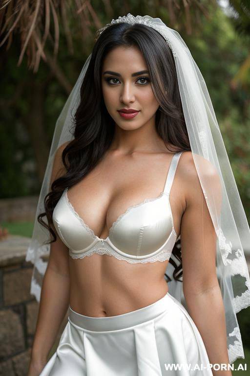 latina, bra, short skirt, veil, bride seductive expression, outdoor venue - #main