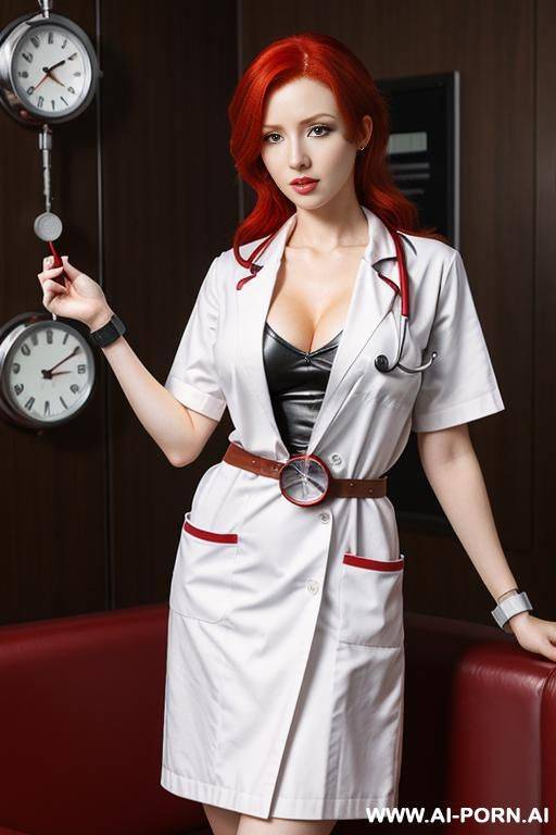 anime style, doctor uniform , redhead, sexy, free nipples pierced, stethoscope, wearing a leather wristwatch around left wrist, full body - #main