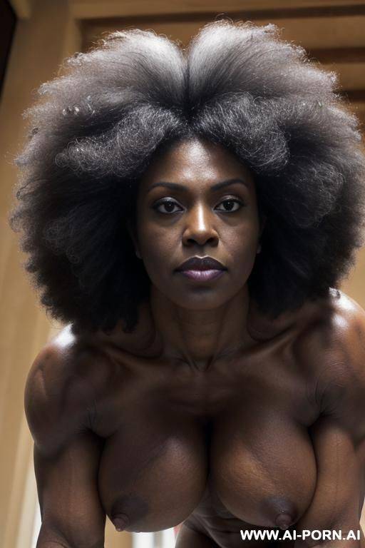 (((keep face))), tall woman, black ethnicity, (((mature grandmom))), aged cougar, grey full fluffy hair in afro-look, ((( dark black skin))), massive boobs and huge muscles, hard nipples, very strong - #main