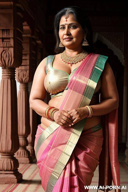 ancient indian older chubby female well situated trader in saree in a colourful indian palace with her favourite naked female servant - #main