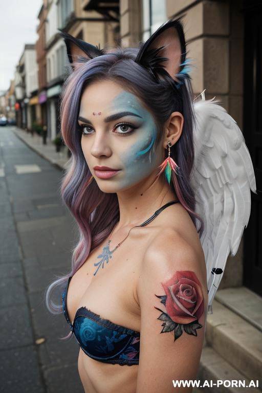 face, sexy, beautiful, ((face painting)), ((bikini as seashell)), ((tattoo roses)), ((eyes shw)), ((angel wings)), ((rainbow hair)), ((long bu hair)), ((wind)), (( cat face)), (( cat ears)), (((feather - #main