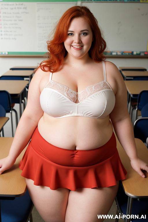 half body photo shot, about at classroom, so chubby and so fat bbw teacher, wearing a sexy and hot micro red ruffle microskirt and elegant micro garter belt top, speaking to the classroom. smooth - #main