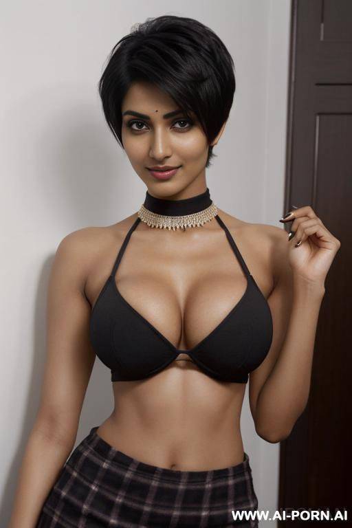 indian supermodel, ((perky breasts)), (((very large dark areolas))), short plaid skirt, diamond choker, holding a large black dildo in her hand - #main