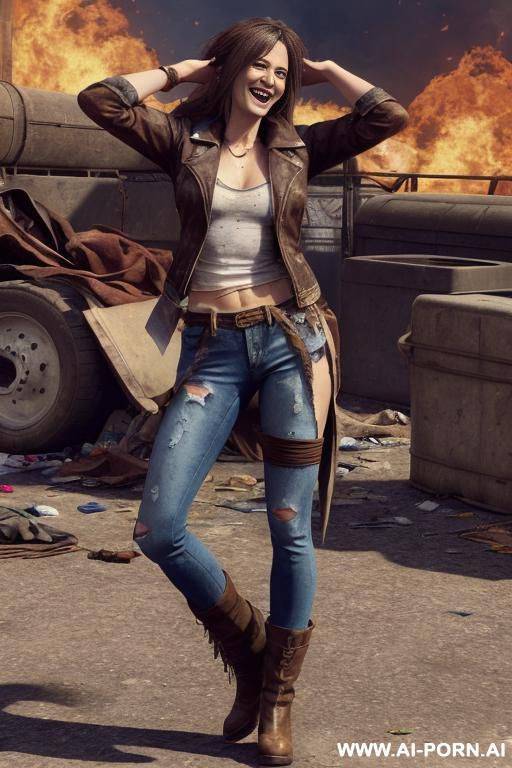 a woman with brown hair is wearing worn and bleached out, ripped and light blue pants and an old jeans jacket. she has long, messy brown hair. there ist lot of trash around. she looks punky - #main