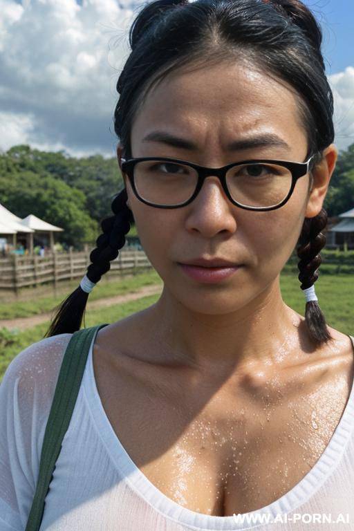 thailand, chinese woman ((big breasts)), short bob hair, glasses, walking, fixing her hair, in front of the house, fence ((white wet t-shirt)) - #main