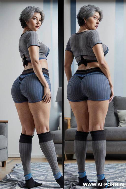 (((back views))), (((0 year old grandmother))), (((short gray hair))), (((very visible age marks))), (((triangle hips))), (((thick thighs))), (((blue t-shirt with black vertical stripes))), (((blue - #main