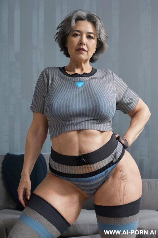 (((0 year old grandmother))), (((short gray hair))), (((very visible age marks))), (((triangle hips))), (((thick thighs))), (((blue t-shirt with black vertical stripes))), (((blue panties))), (((long blue - #main
