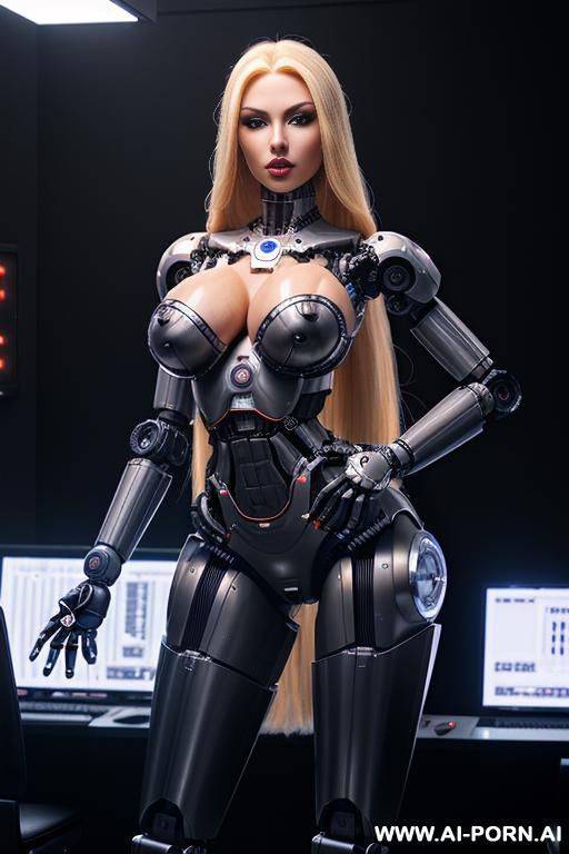 sexbot, front view, full body view, standing upright, hands on spaceship control desk, looking at viewer, beautiful seductive human face with tanned silicone skin, long straight blonde hair, big - #main