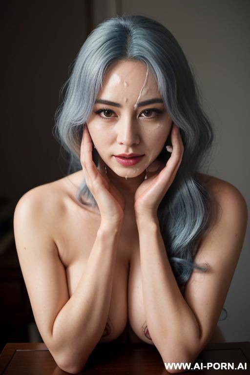 a anime woman with long, wavy silver-blue hair and skin. she has soft violet eyes full of depth and calm insity. wearing a neat japanese uniform customized with manga pins and a plush doll - #main