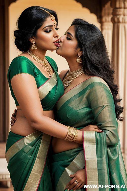 one ancient indian chubby queen in a elegante green saree is kissing her favourite chubby full naked female servant with shaved vagina - #main