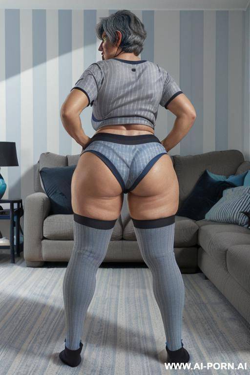 (((back views))), (((0 year old grandmother))), (((short gray hair))), (((very visible age marks))), (((triangle hips))), (((thick thighs))), (((blue t-shirt with black vertical stripes))), (((blue - #main