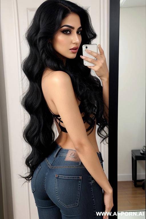 arab, long hair, jeans, ass, side view, mirror shot, eye contact, wavy hair, black eye makeup - #main