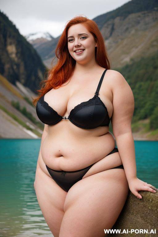 half body photo shot, about at blue lake, obese bbw curvy with love handless and tummy, she is 20 years old, wearing a sexy and hot ((red)) gartert belt lingeries. she is obese, standing with legs slightly apart. - #main