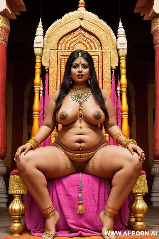 ancient indian chubby full naked female with shaved vagina in devote attitude in a colourful indian throne room - #main