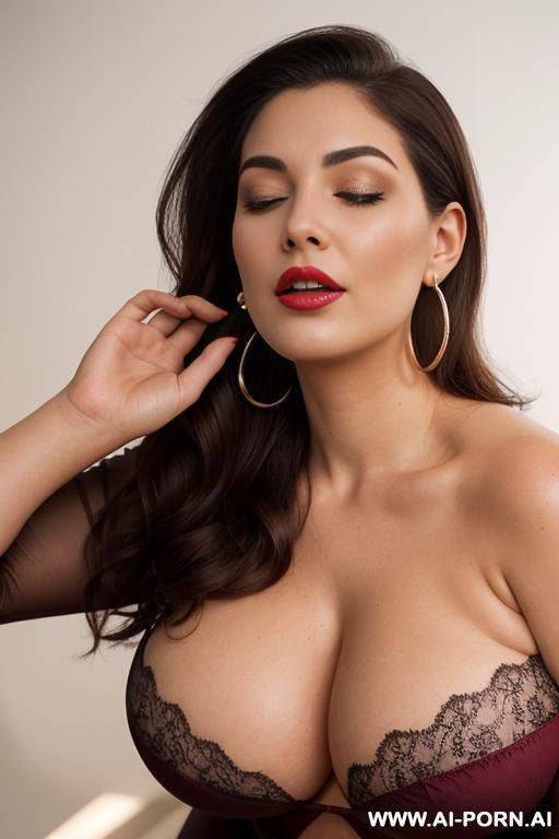 deep cleavage, huge boobs, kneeling down, (looking up, raised head, chin up), eyes closed, open mouth, happy, close up from above, wide red lips, meditating, massive golden neckcollar, massive hoop earrings, long eyelashes, orgasm face - #main