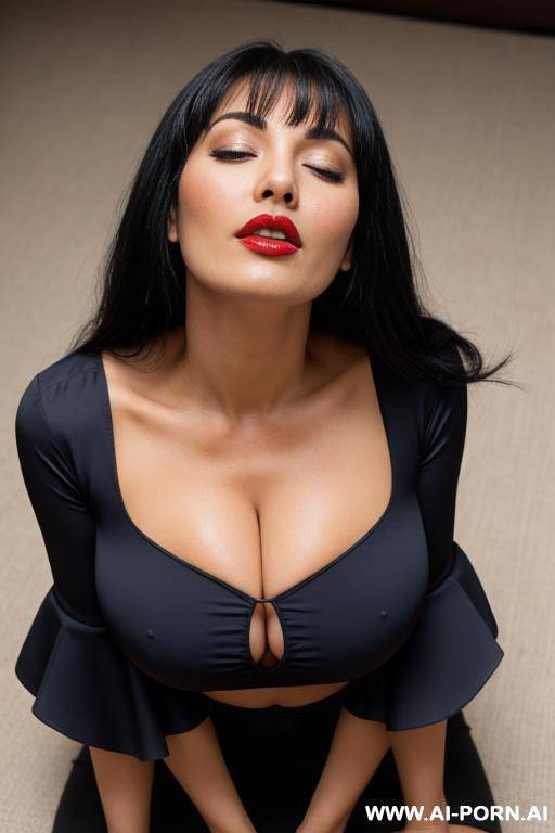 deep cleavage, huge boobs, kneeling down, (looking up, raised head, chin up), eyes closed, open mouth, happy, close up from above, wide red lips, meditating - #main