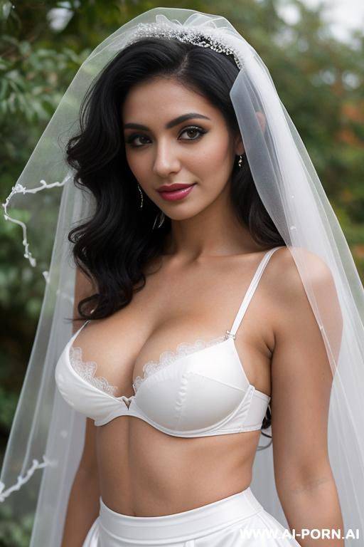 latina, white bra, short-skirt, big (((silicone))) tits, medium wavy hair, bride, veil, outdoor venue - #main